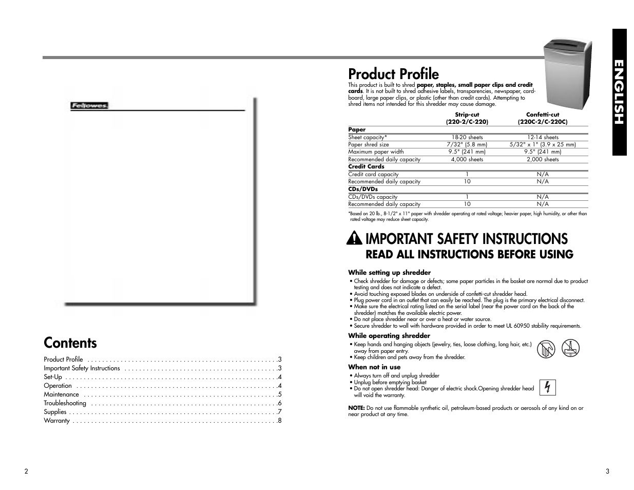 FELLOWES 220-2 User Manual | Page 3 / 5