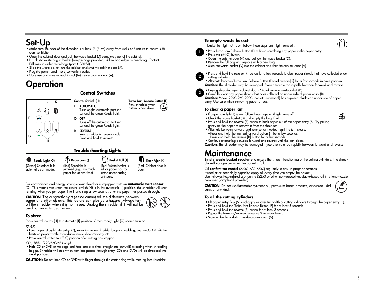 Maintenance, Set-up, Operation | FELLOWES 220-2 User Manual | Page 4 / 5