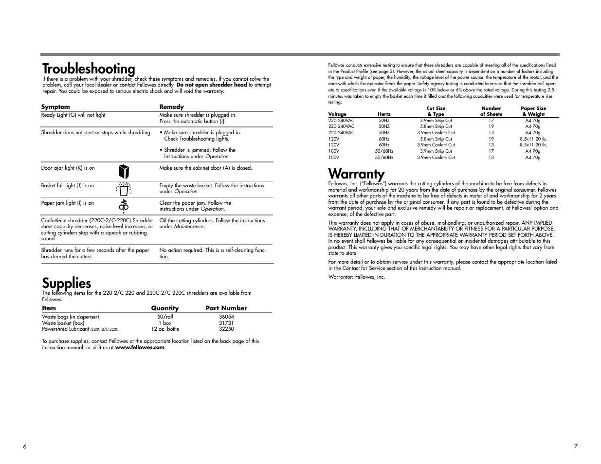 Warranty, Troubleshooting, Supplies | FELLOWES 220-2 User Manual | Page 5 / 5