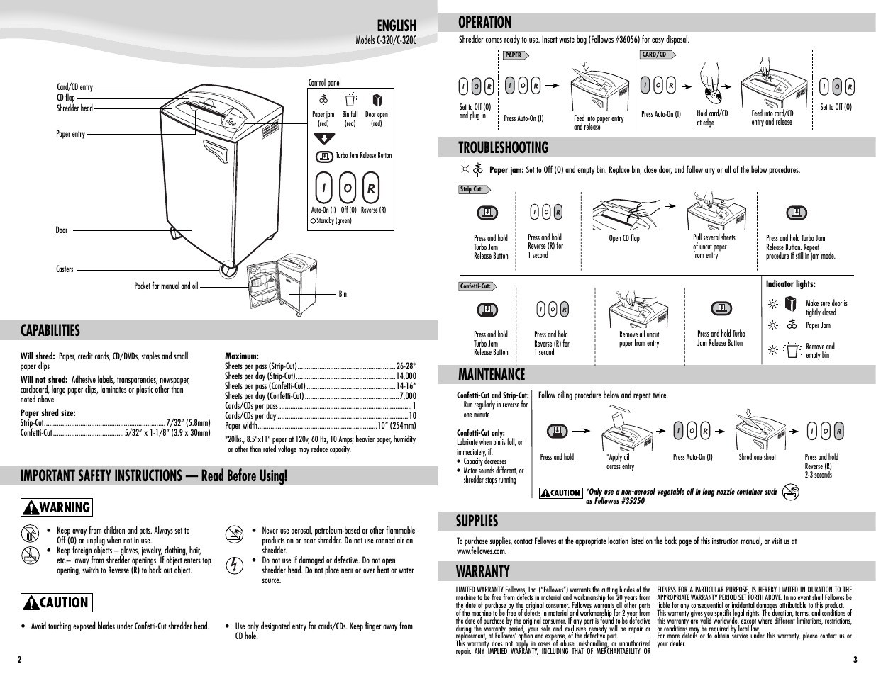 English, Capabilities, Important safety instructions — read before using | Operation, Warranty supplies, Maintenance, Troubleshooting | FELLOWES C-320C User Manual | Page 2 / 2