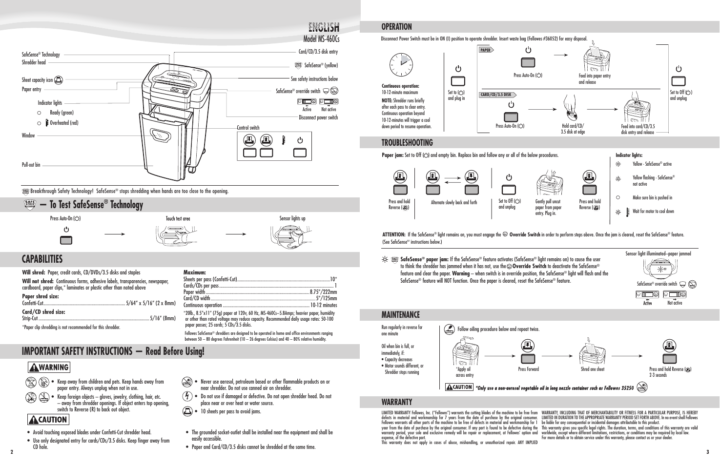 Operation troubleshooting maintenance, Warranty | FELLOWES MS-460CS User Manual | Page 2 / 2