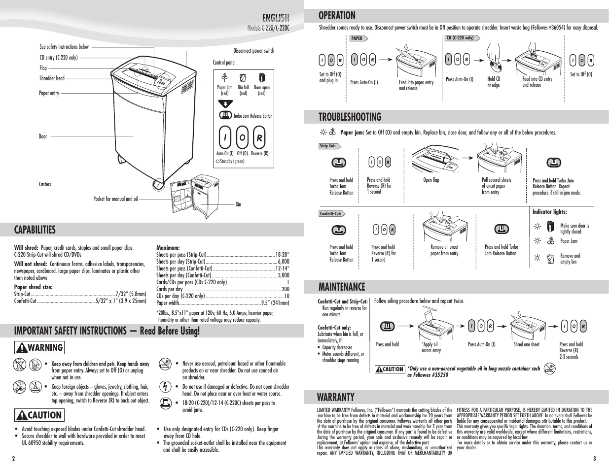 English, Capabilities, Important safety instructions — read before using | Operation, Warranty, Maintenance, Troubleshooting | FELLOWES C-220  EN User Manual | Page 2 / 2