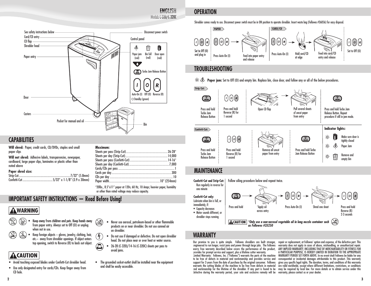 English, Capabilities, Important safety instructions — read before using | Operation, Warranty, Maintenance, Troubleshooting | FELLOWES C-320 User Manual | Page 2 / 2