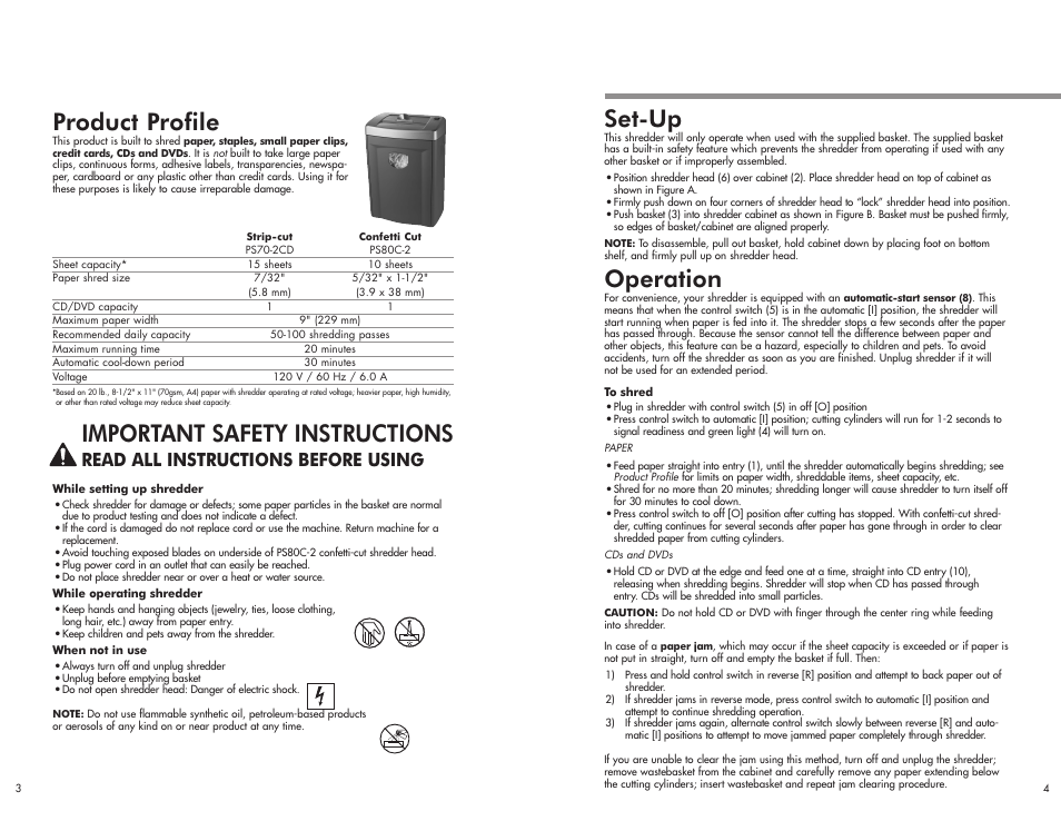 Set-up, Operation, Product profile | Important safety instructions, Read all instructions before using | FELLOWES PS70-2CD User Manual | Page 3 / 4