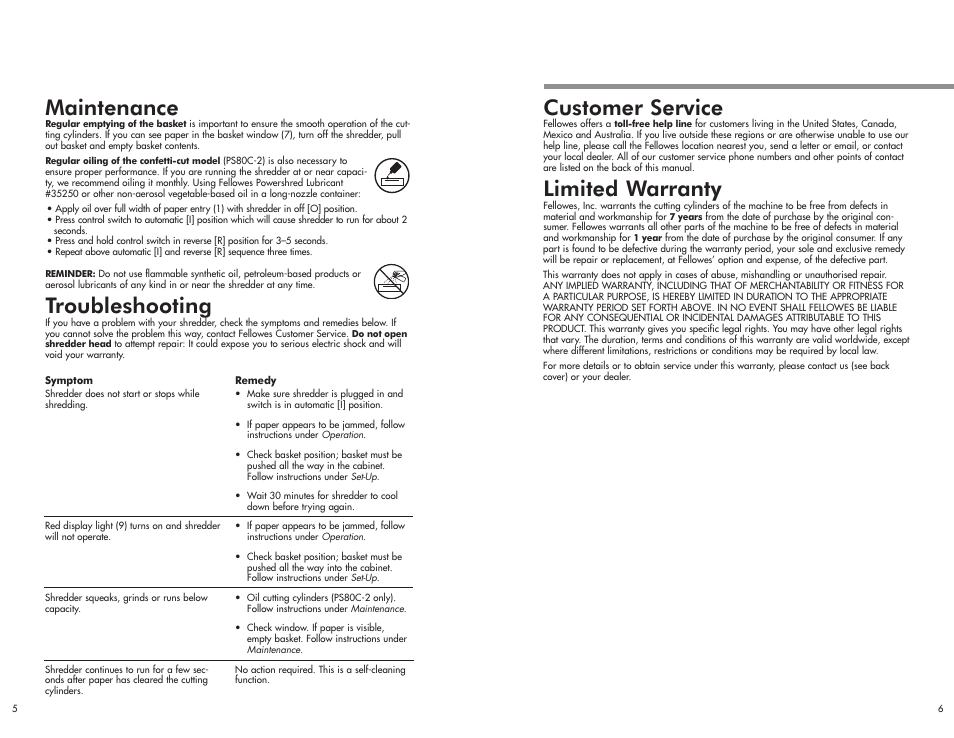 Customer service, Limited warranty, Maintenance | Troubleshooting | FELLOWES PS70-2CD User Manual | Page 4 / 4