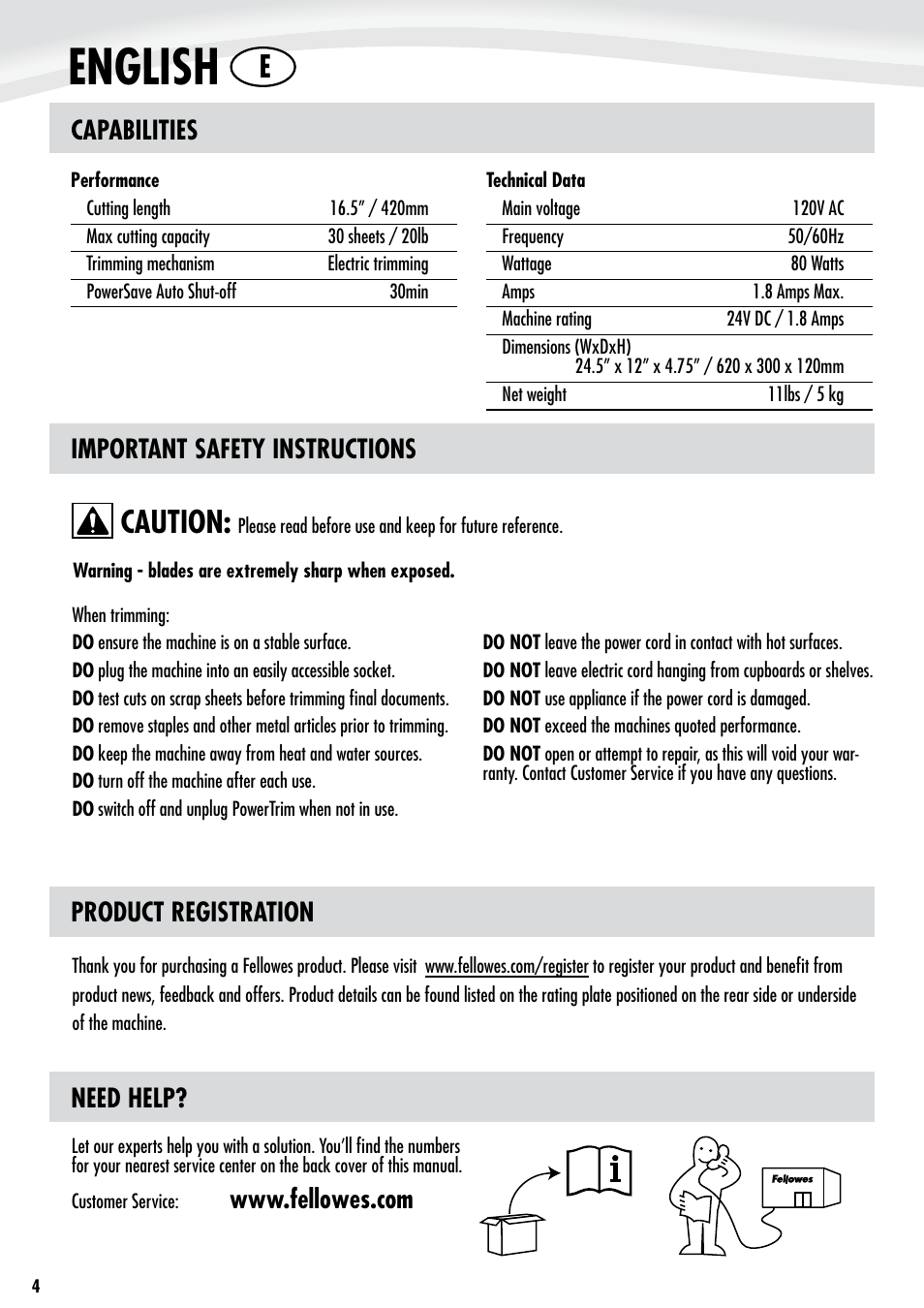 English, Caution: e, Capabilities | Important safety instructions, Need help, Product registration | FELLOWES PowerTrim User Manual | Page 4 / 9