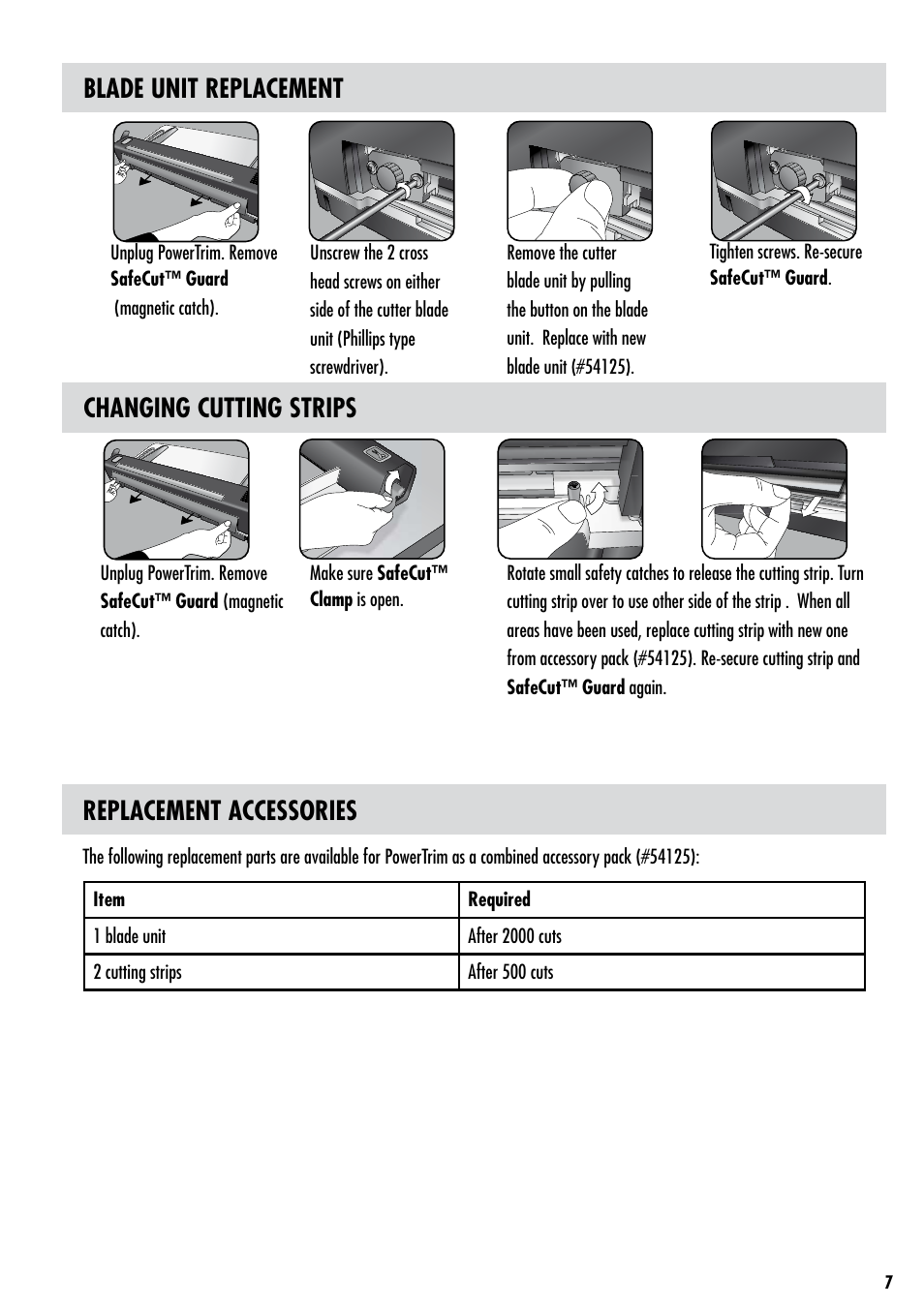 Blade unit replacement, Changing cutting strips, Replacement accessories | FELLOWES PowerTrim User Manual | Page 7 / 9