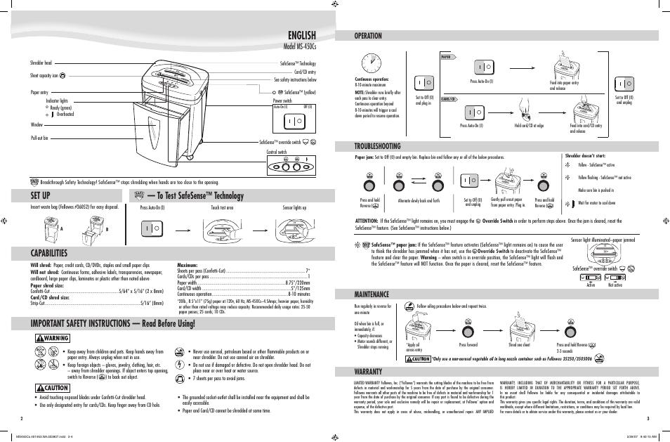 English, Capabilities, Set up | Model ms-450cs, Operation troubleshooting maintenance, Warranty | FELLOWES MS450Cs User Manual | Page 2 / 2