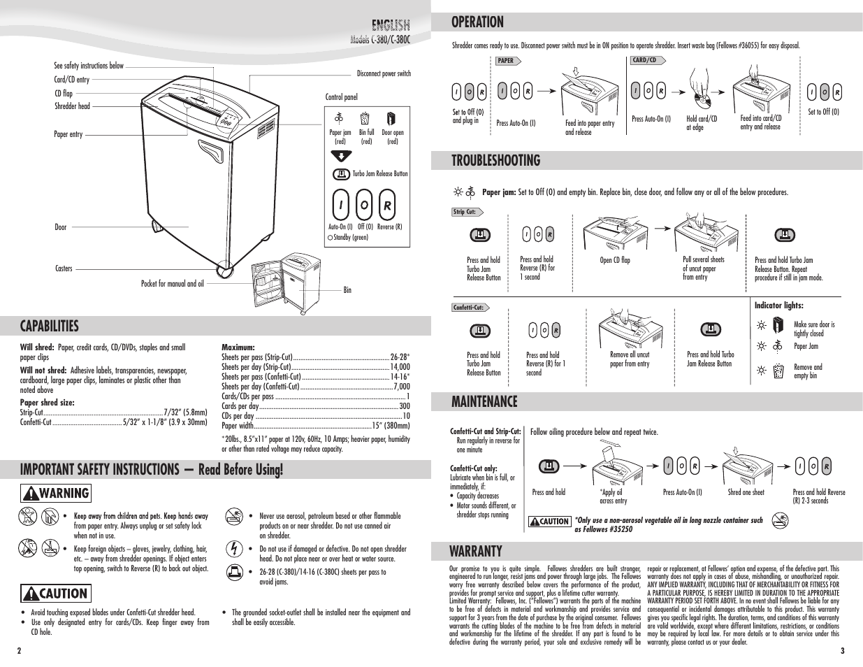Capabilities, Important safety instructions — read before using, Operation troubleshooting | Warranty, Maintenance | FELLOWES C-380C User Manual | Page 2 / 2