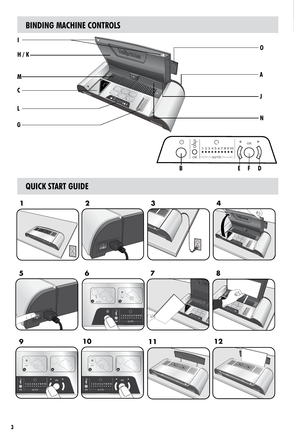 Binding machine controls quick start guide | FELLOWES Helios 60 User Manual | Page 3 / 8