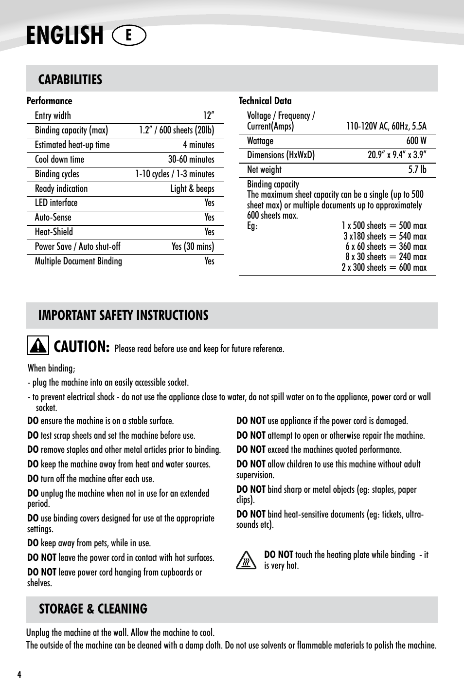English, Caution, Capabilities | Important safety instructions, Storage & cleaning | FELLOWES Helios 60 User Manual | Page 4 / 8