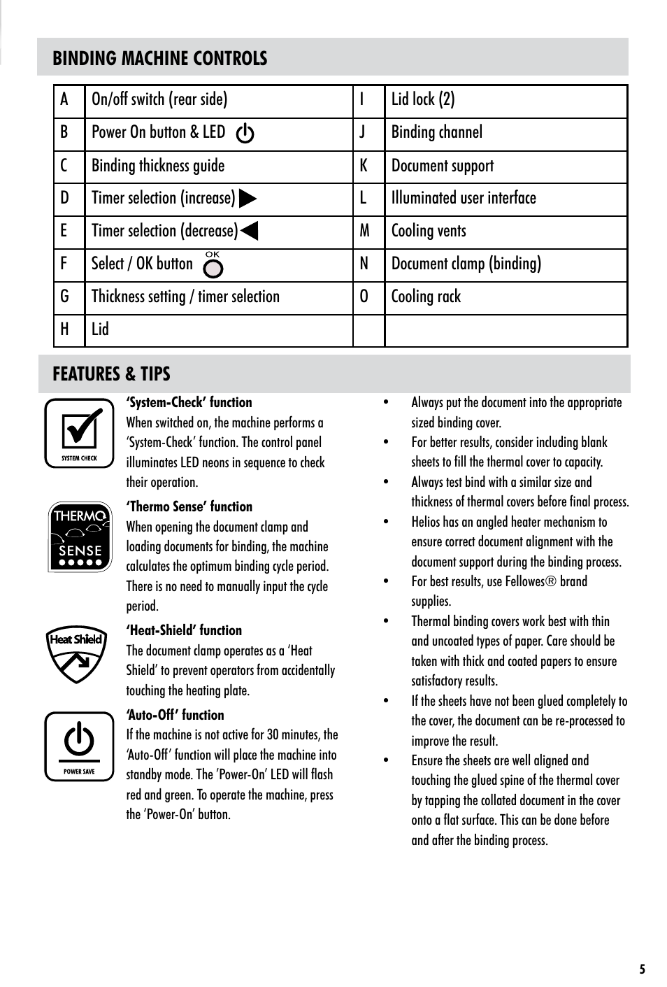 Binding machine controls features & tips | FELLOWES Helios 60 User Manual | Page 5 / 8