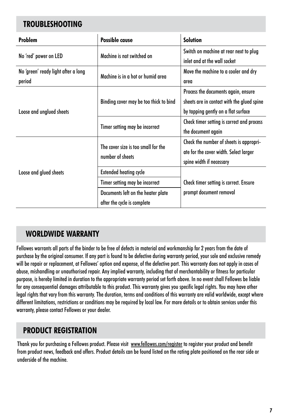 Worldwide warranty, Product registration, Troubleshooting | FELLOWES Helios 60 User Manual | Page 7 / 8