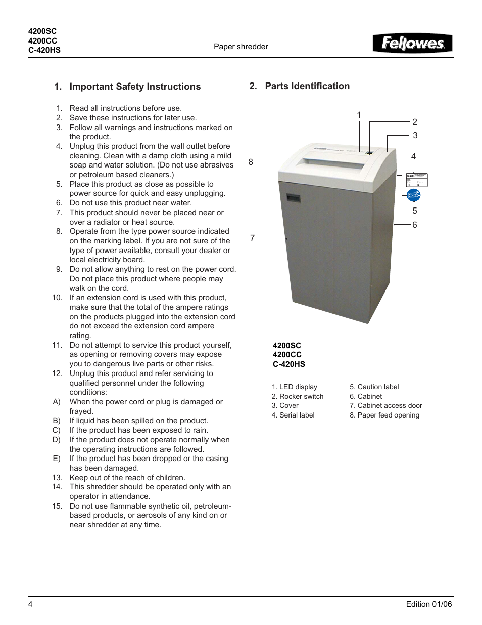 Important safety instructions, Parts identification | FELLOWES 4200SC User Manual | Page 4 / 8