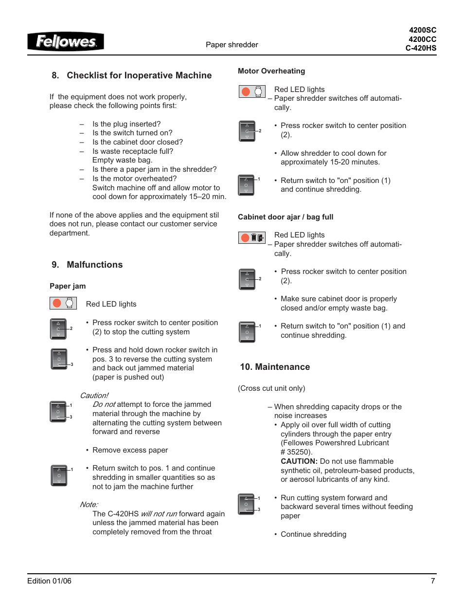 Checklist for inoperative machine, Malfunctions, Maintenance | FELLOWES 4200SC User Manual | Page 7 / 8