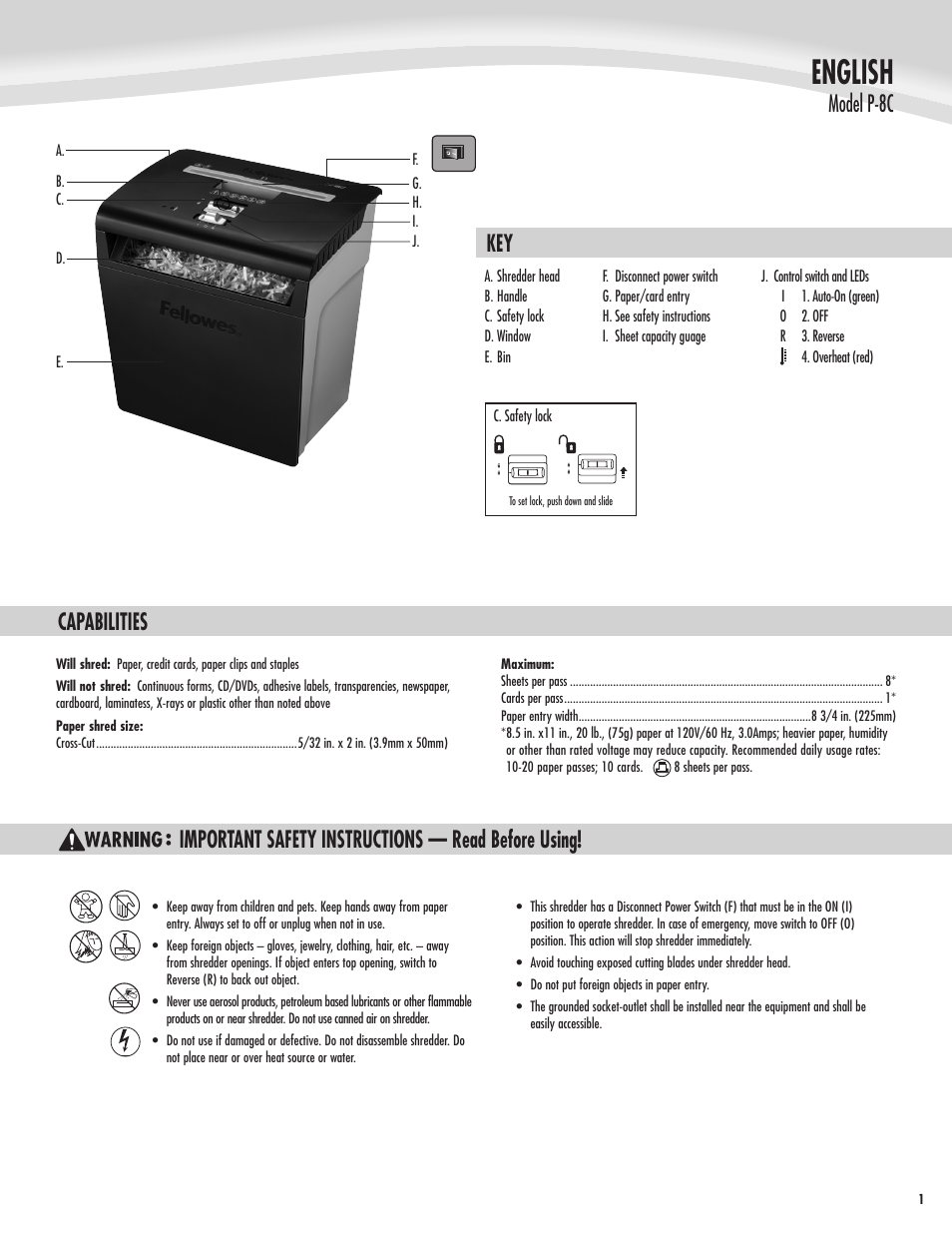 English, Key capabilities, Model p-8c | Important safety instructions — read before using | FELLOWES P-8C User Manual | Page 2 / 4