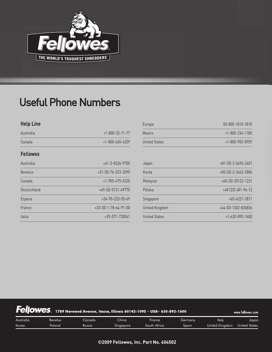 P-8c, Useful phone numbers | FELLOWES P-8C User Manual | Page 4 / 4