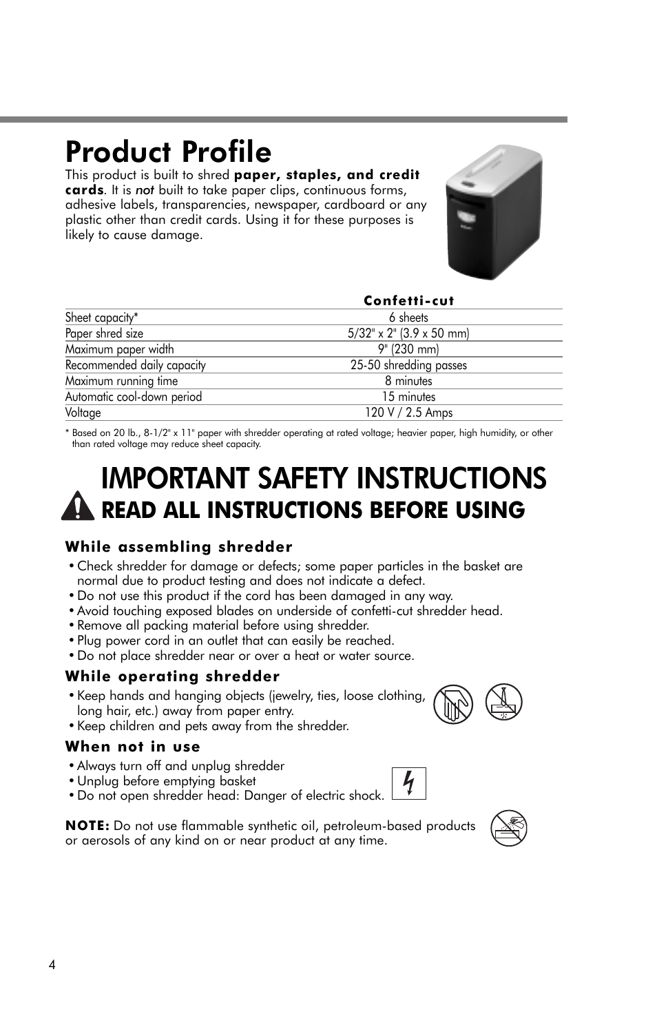 Product profile, Important safety instructions, Read all instructions before using | FELLOWES T580C User Manual | Page 4 / 8