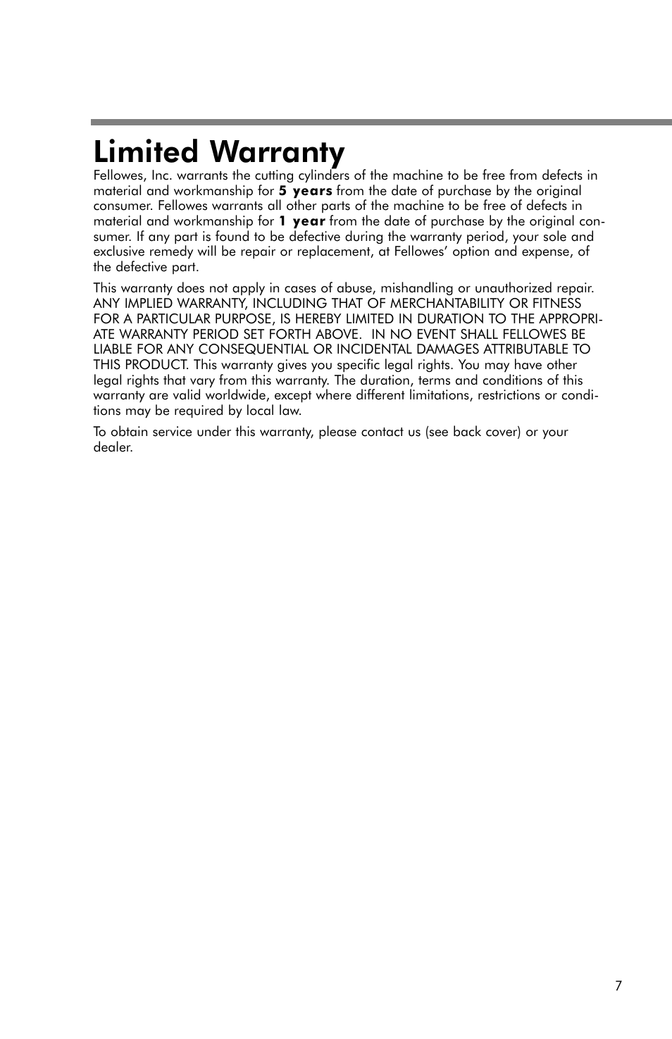 Limited warranty | FELLOWES T580C User Manual | Page 7 / 8