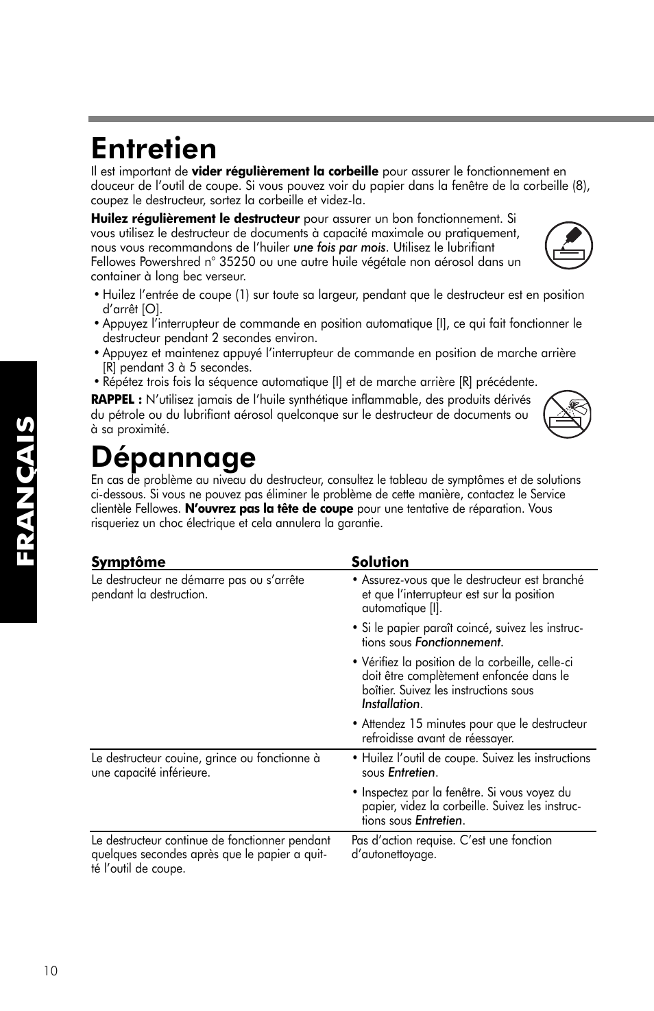 Entretien, Dépannage, Français | FELLOWES PS-62C User Manual | Page 11 / 21