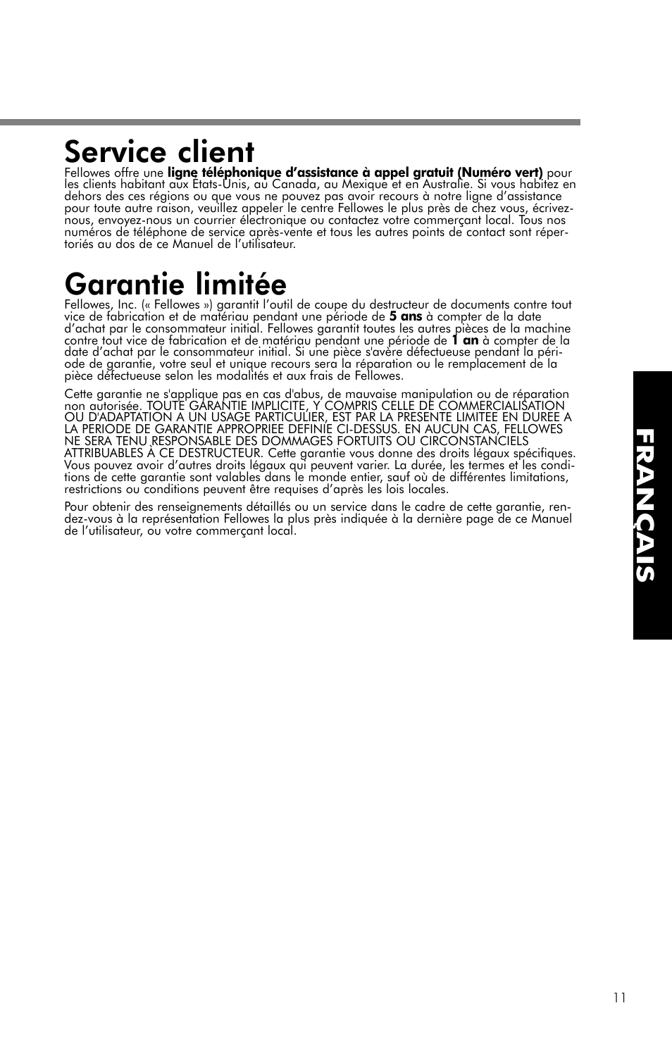 Service client, Garantie limitée, Français | FELLOWES PS-62C User Manual | Page 12 / 21