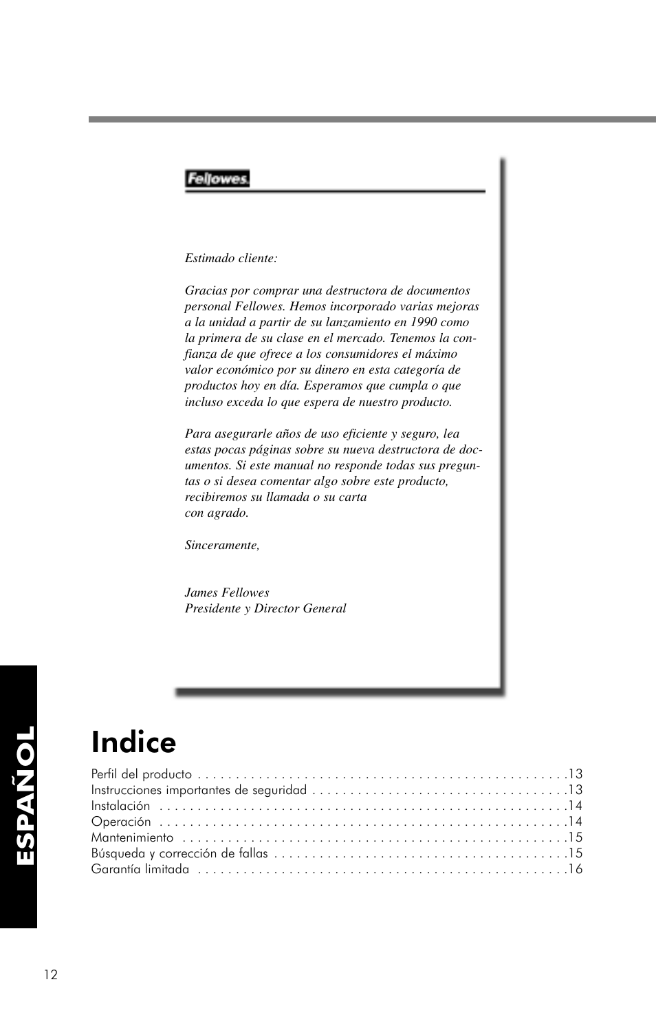 Indice, Esp añol | FELLOWES PS-62C User Manual | Page 13 / 21