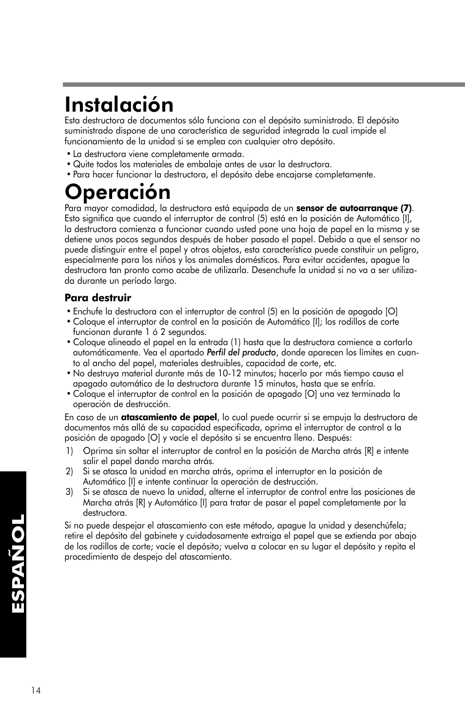 Instalación, Operación, Esp añol | FELLOWES PS-62C User Manual | Page 15 / 21