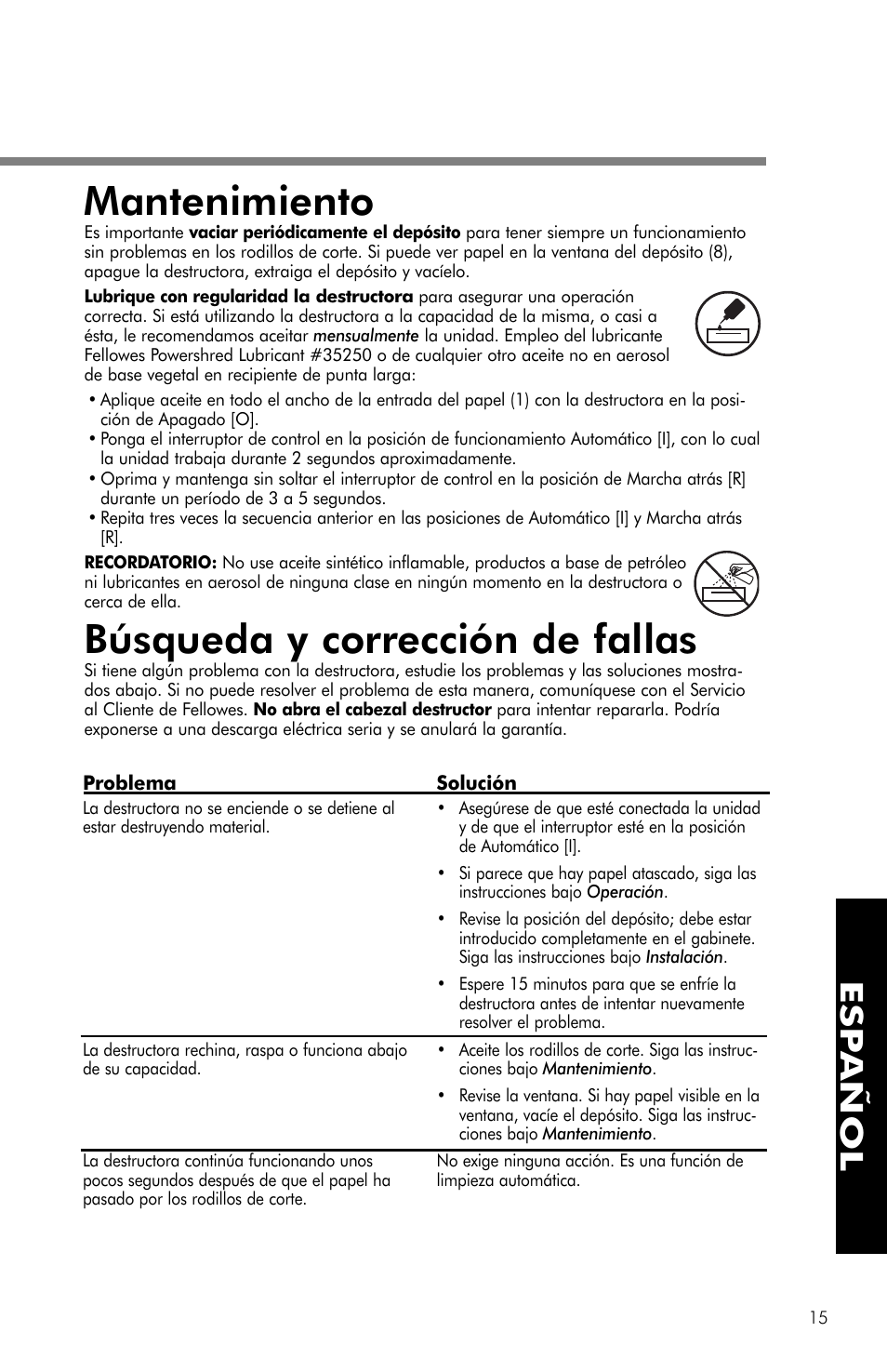 Mantenimiento, Búsqueda y corrección de fallas, Esp añol | FELLOWES PS-62C User Manual | Page 16 / 21