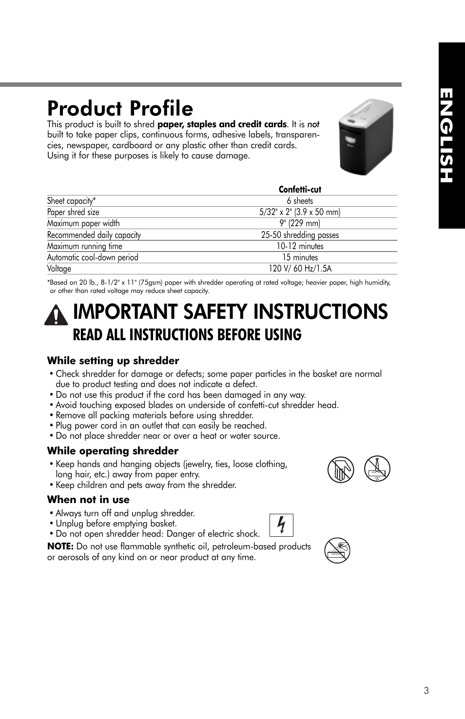 Product profile, Important safety instructions, English | Read all instructions before using | FELLOWES PS-62C User Manual | Page 4 / 21