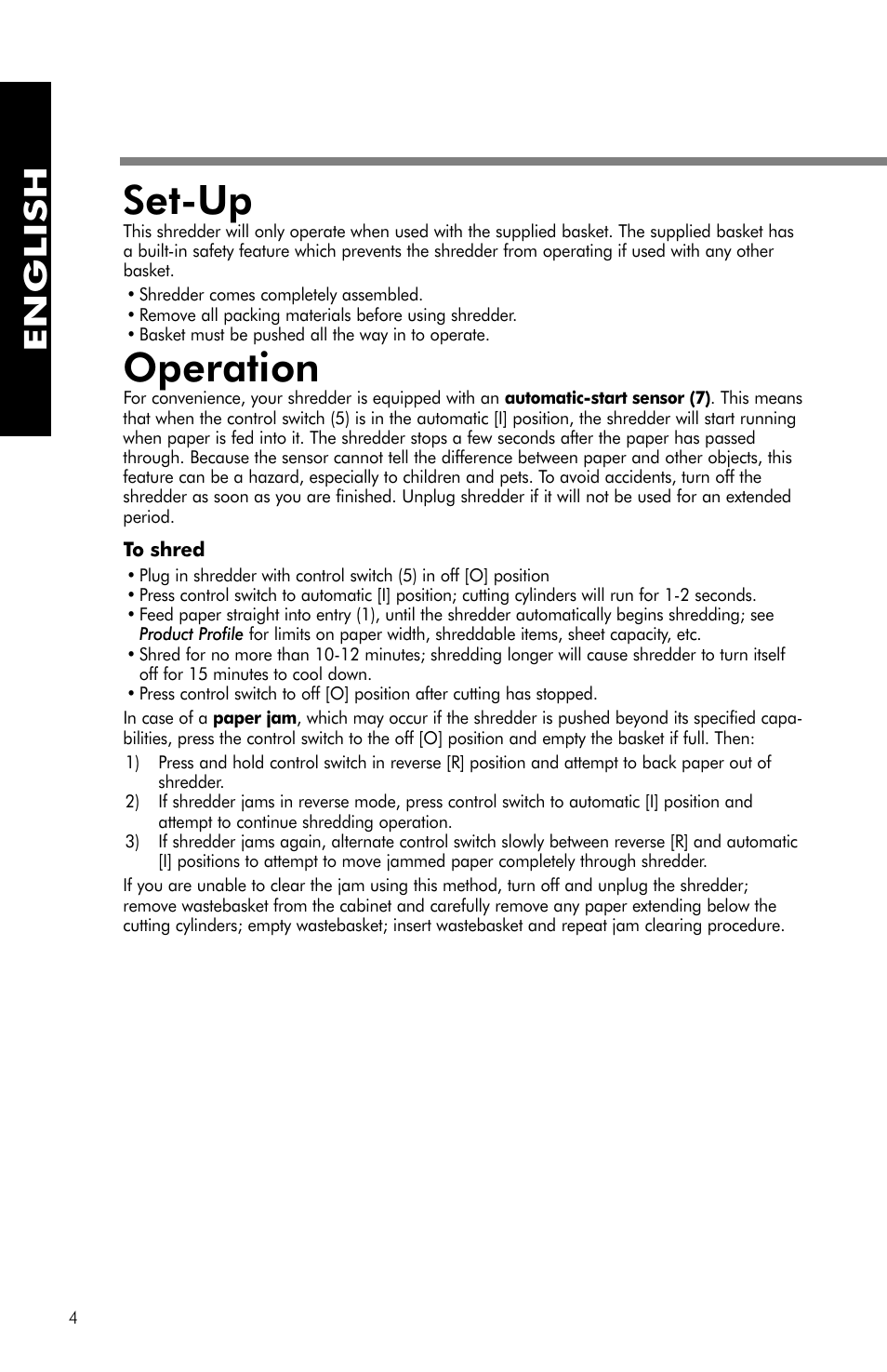 Set-up, Operation, English | FELLOWES PS-62C User Manual | Page 5 / 21