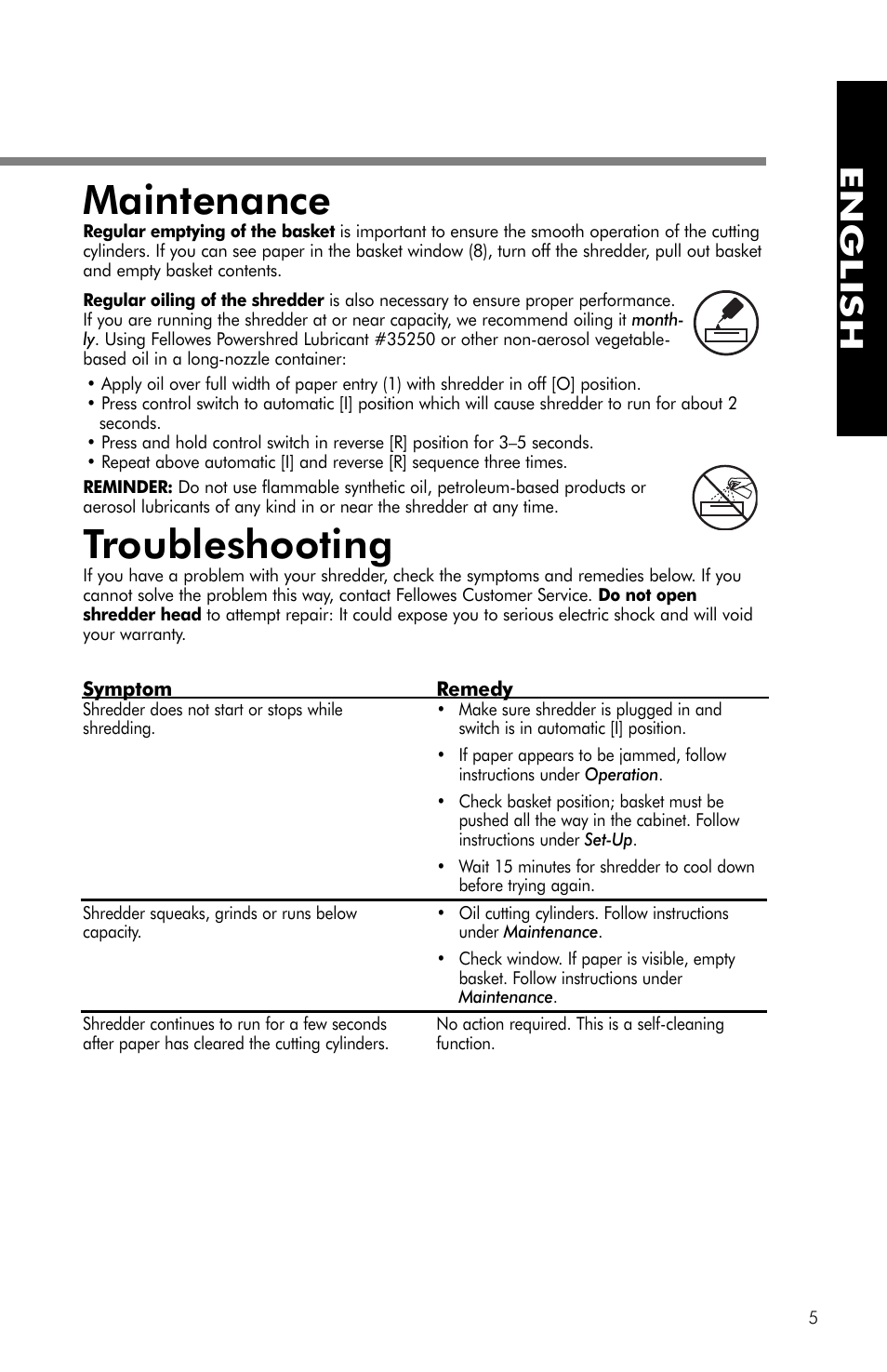 Maintenance, Troubleshooting, English | FELLOWES PS-62C User Manual | Page 6 / 21