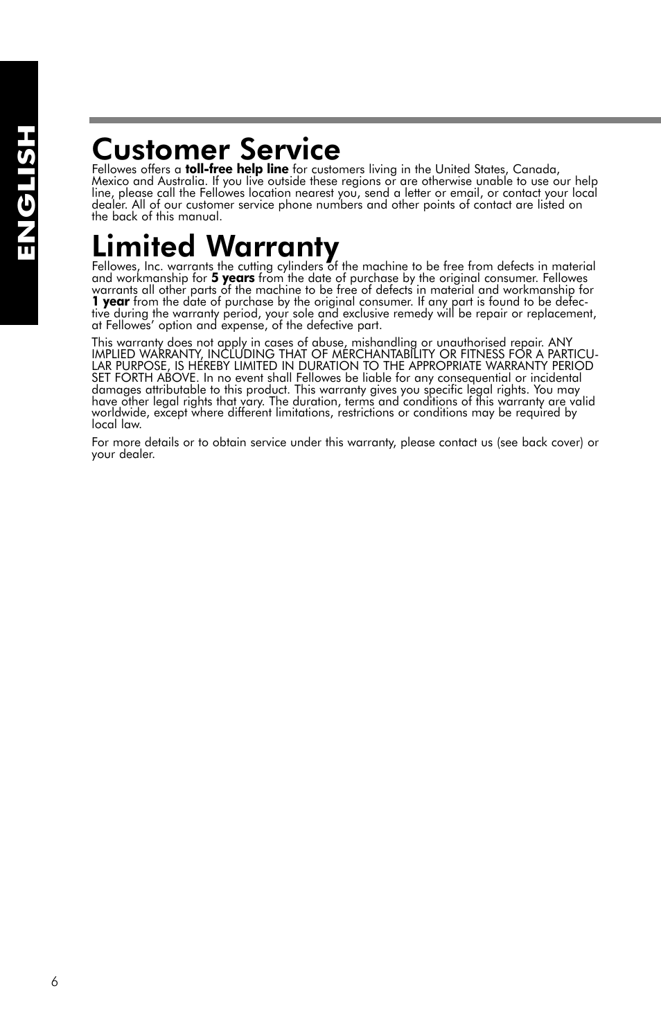 Customer service, Limited warranty, English | FELLOWES PS-62C User Manual | Page 7 / 21