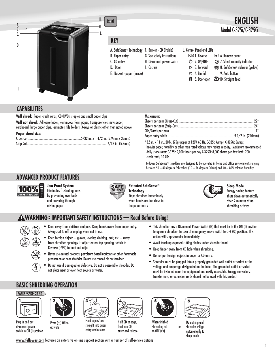 English, Important safety instructions — read before using, Capabilities advanced product features | Basic shredding operation | FELLOWES POWERSHRED C-325CI User Manual | Page 2 / 4