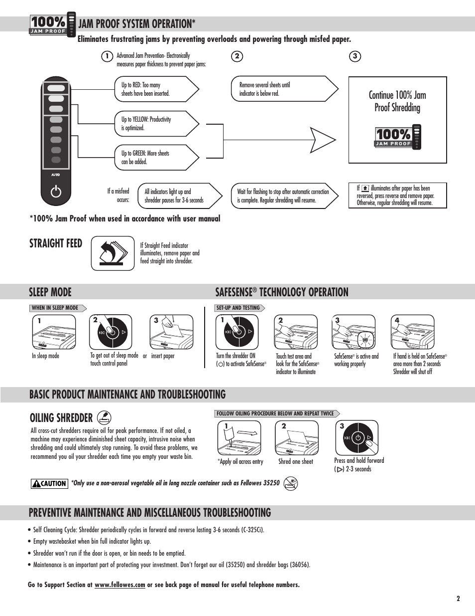 Jam proof system operation, Basic product maintenance and troubleshooting, Oiling shredder | Safesense, Technology operation, Sleep mode, Continue 100% jam proof shredding | FELLOWES POWERSHRED C-325CI User Manual | Page 3 / 4