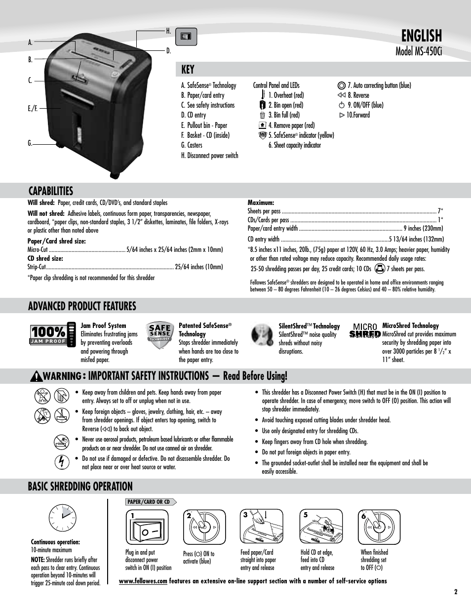 English, Important safety instructions — read before using, Capabilities advanced product features | Basic shredding operation, Model ms-450ci | FELLOWES MS-450Ci User Manual | Page 2 / 4