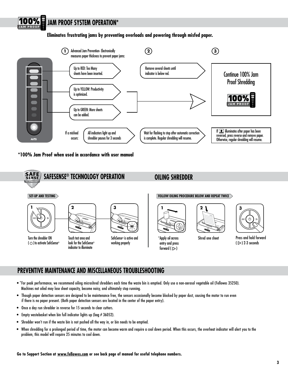 Jam proof system operation, Technology operation, Oiling shredder | Continue 100% jam proof shredding, Au to auto 12, Auto, Auto 12, Safesense, Is active and working properly, Touch test area and look for the safesense | FELLOWES MS-450Ci User Manual | Page 3 / 4