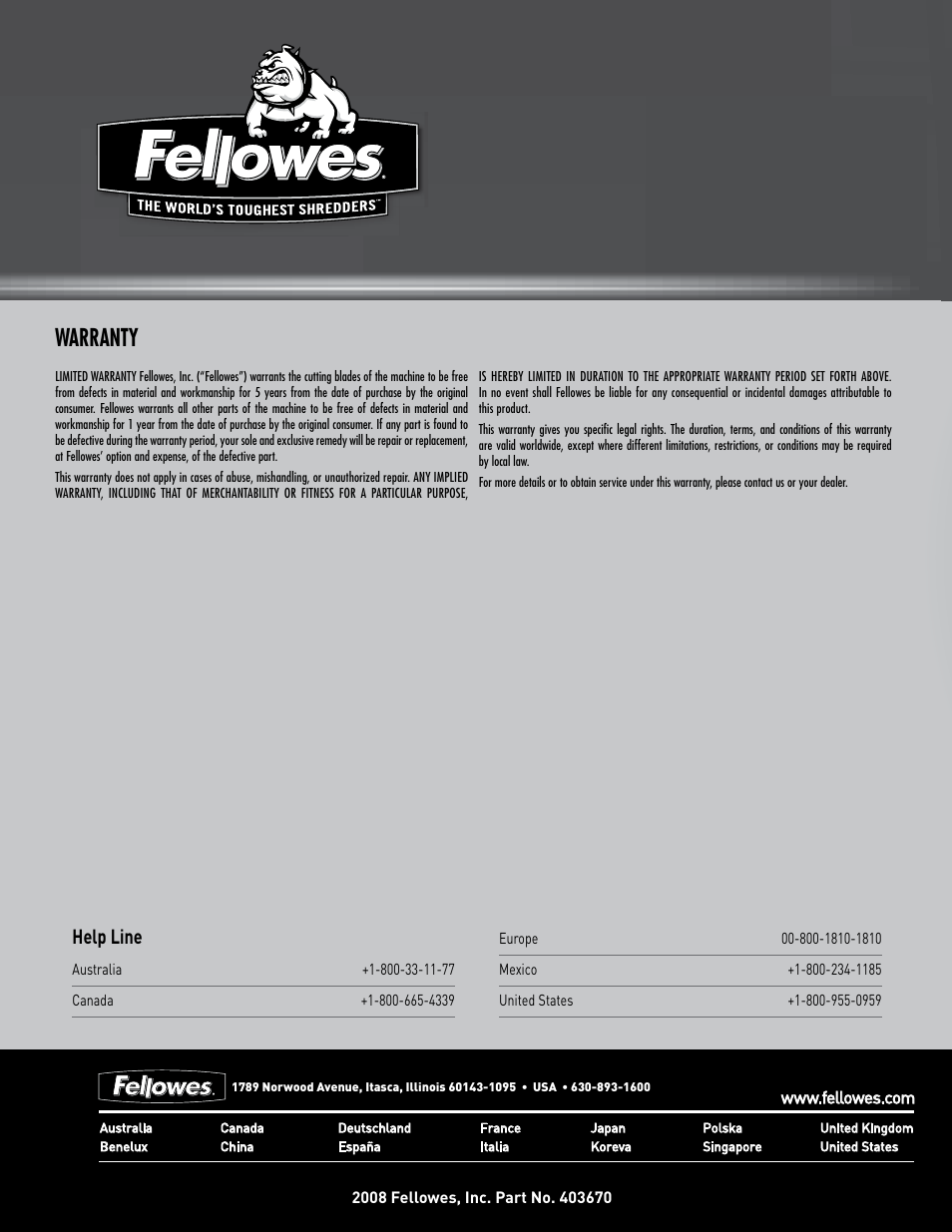 Ms-450ci, Warranty | FELLOWES MS-450Ci User Manual | Page 4 / 4