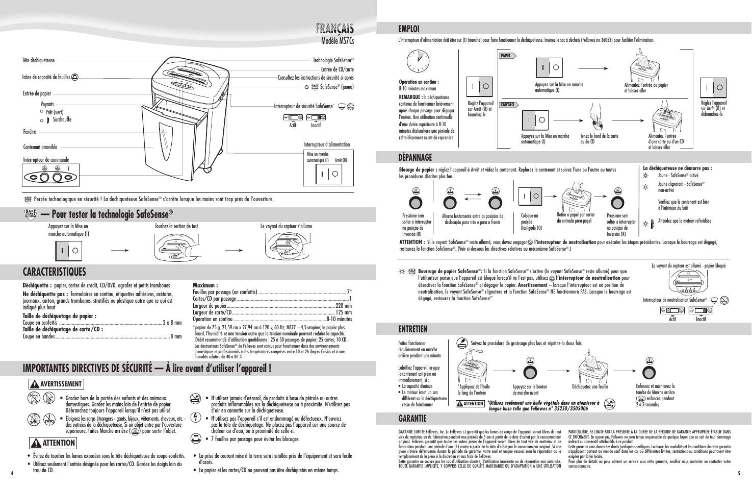 Pour tester la technologie safesense, Emploi dépannage entretien, Garantie | Modèle ms7cs modèle ms7c | FELLOWES MS7CS User Manual | Page 3 / 4
