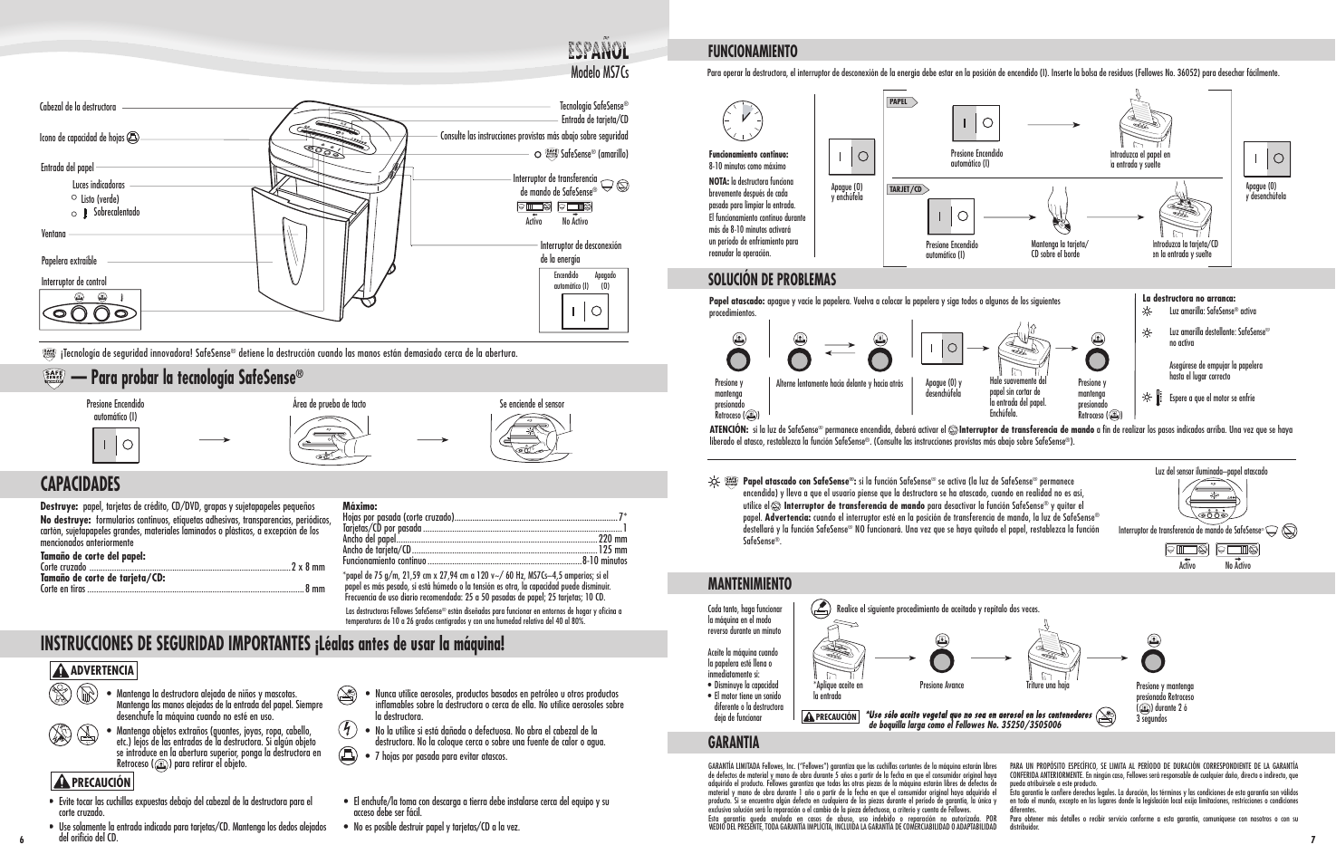 Para probar la tecnología safesense, Modelo ms7cs modelo ms7c, Funcionamiento solución de problemas mantenimiento | Garantia | FELLOWES MS7CS User Manual | Page 4 / 4