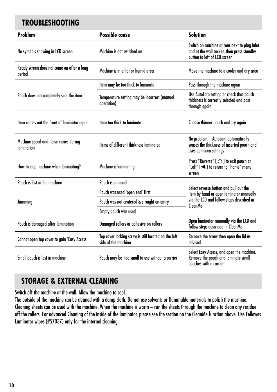 Storage & external cleaning troubleshooting | FELLOWES VOYAGER 125 User Manual | Page 10 / 11