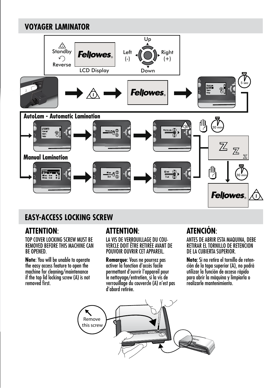 Voyager 125, High-performance office laminator, Voyager laminator | Easy-access locking screw attention, Attention, Atención | FELLOWES VOYAGER 125 User Manual | Page 2 / 11