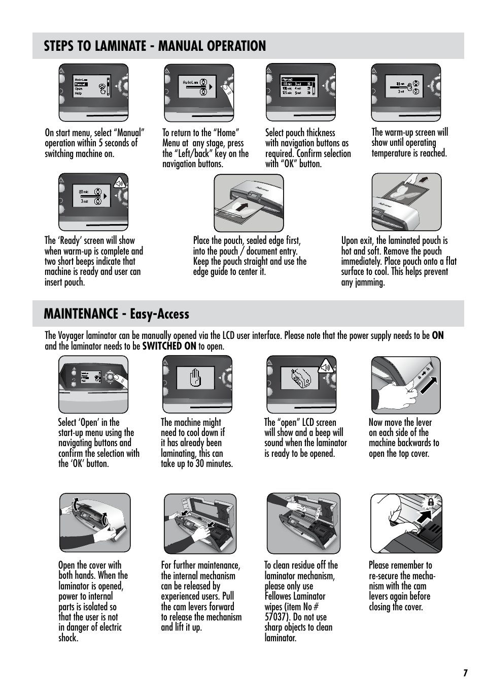 Steps to laminate - manual operation, Maintenance - easy-access | FELLOWES VOYAGER 125 User Manual | Page 7 / 11