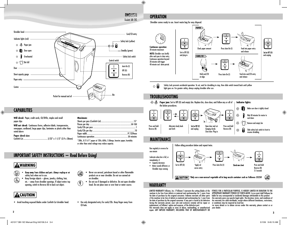 English, Capabilities, Important safety instructions — read before using | Operation troubleshooting, Warranty, Maintenance | FELLOWES SB-15C User Manual | Page 2 / 2