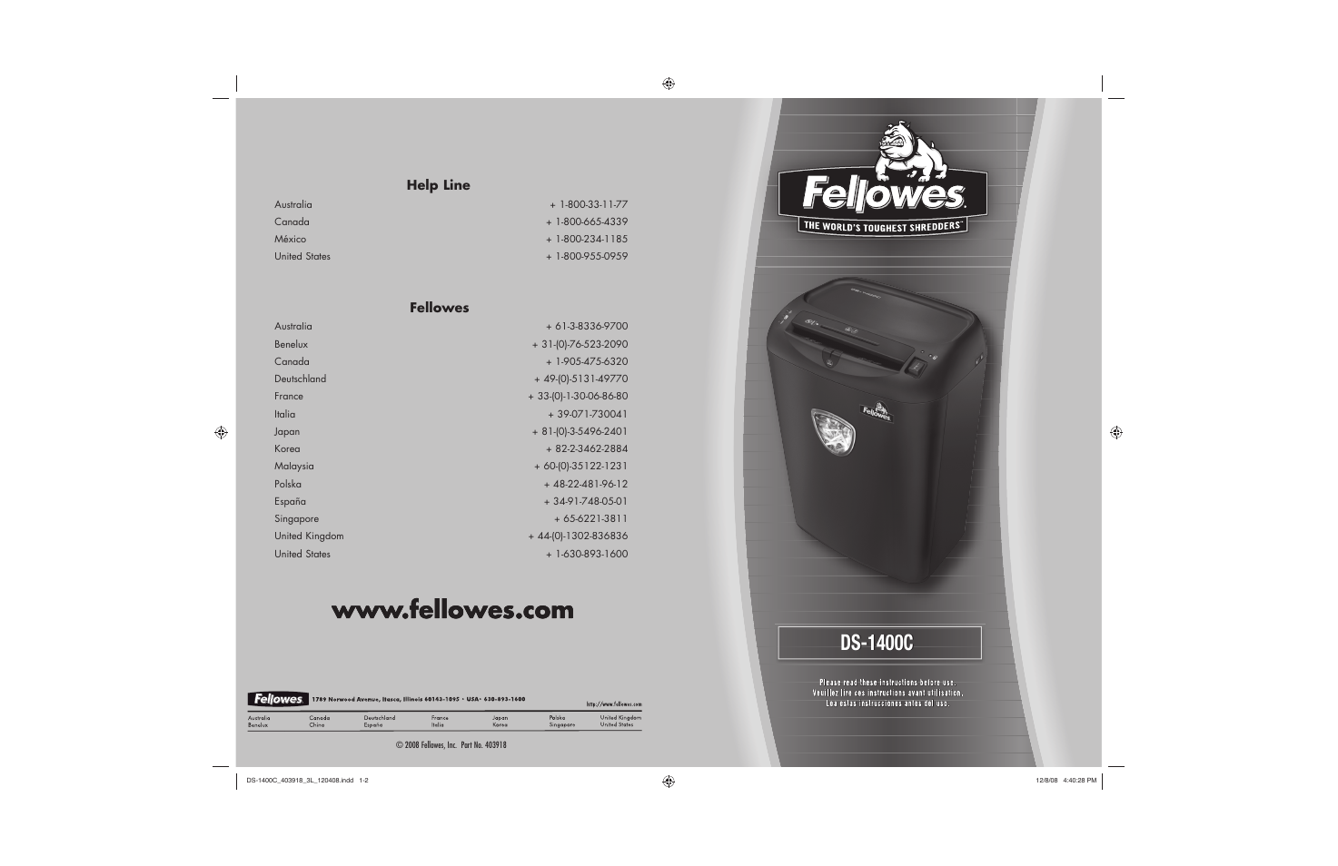 FELLOWES DS-1400C User Manual | 4 pages