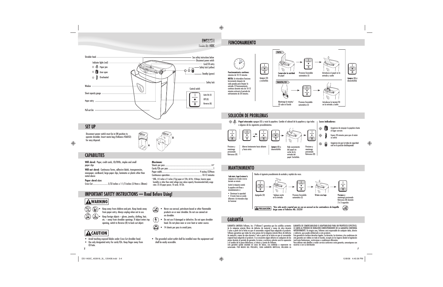 English, Capabilities, Important safety instructions — read before using | Set up, Solución de problemas, Garantía, Mantenimiento | FELLOWES DS-1400C User Manual | Page 2 / 4
