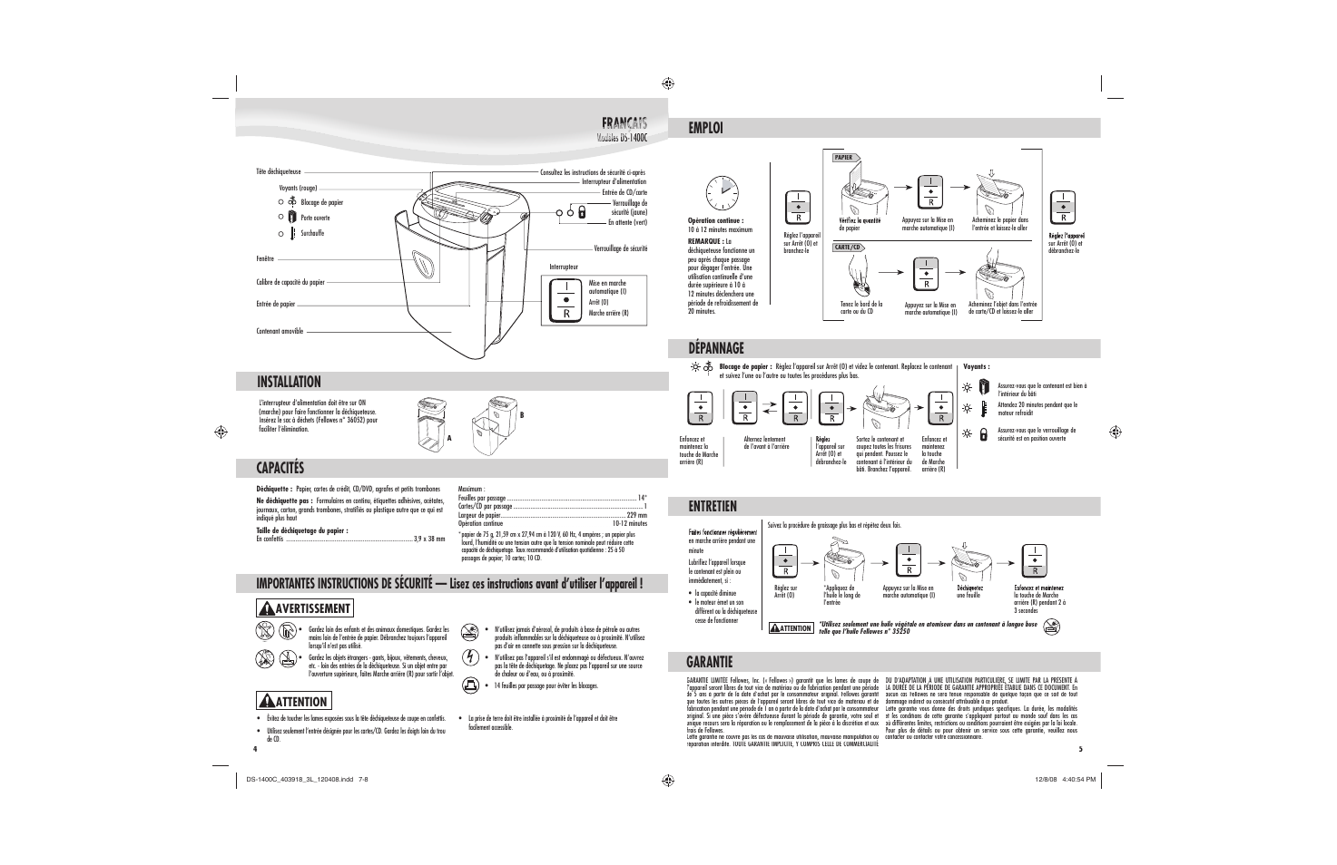 Français, Capacités, Emploi dépannage | Garantie, Entretien, Installation, Avertissement attention | FELLOWES DS-1400C User Manual | Page 4 / 4