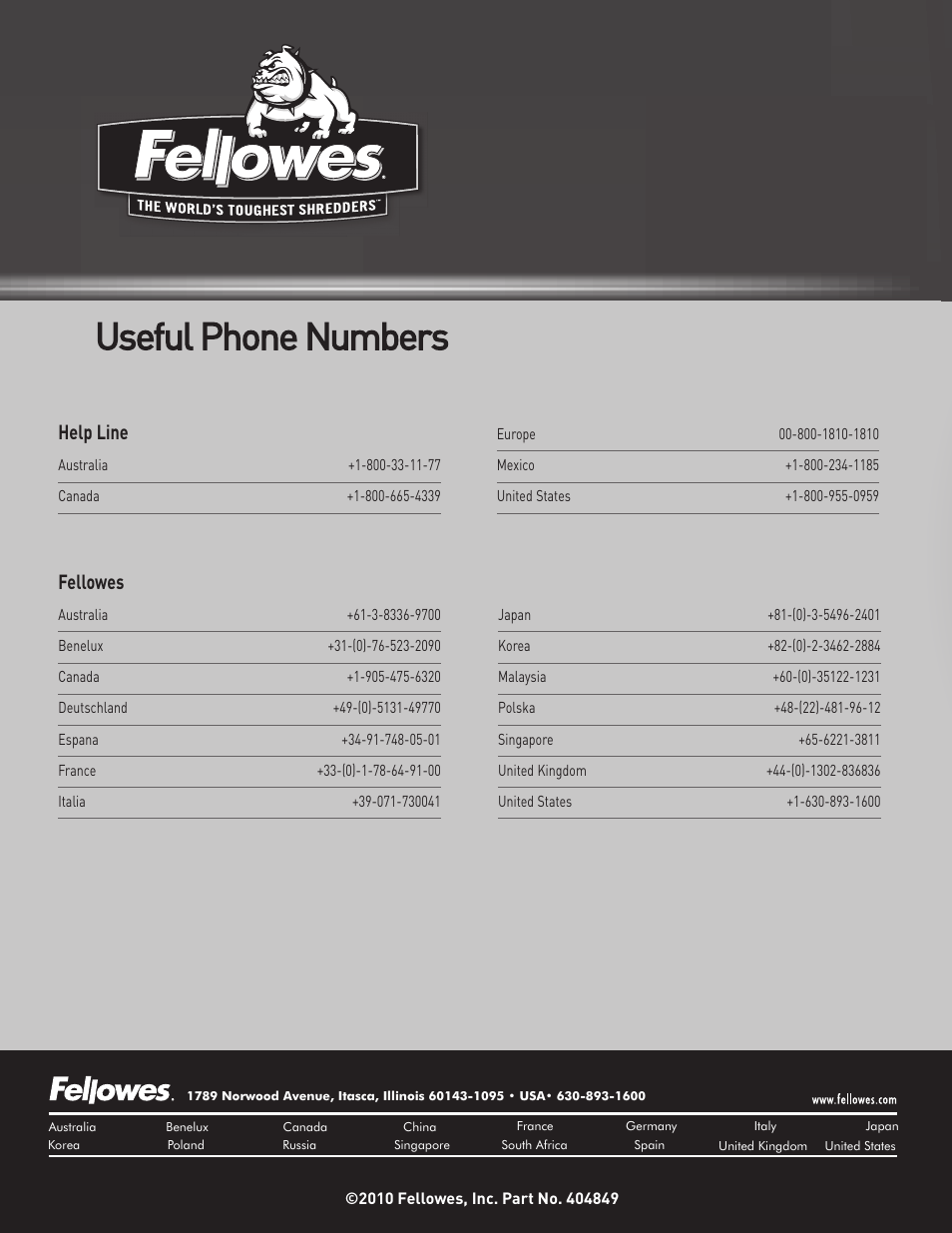 Sb-83i, Useful phone numbers | FELLOWES SB-83I User Manual | Page 8 / 8