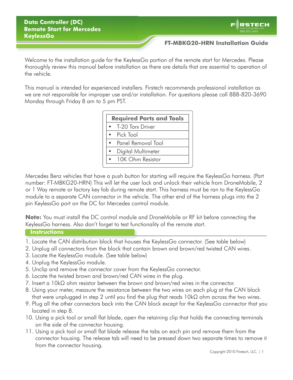 Firstech, LLC. FT-MBKG20-HRN User Manual | 7 pages