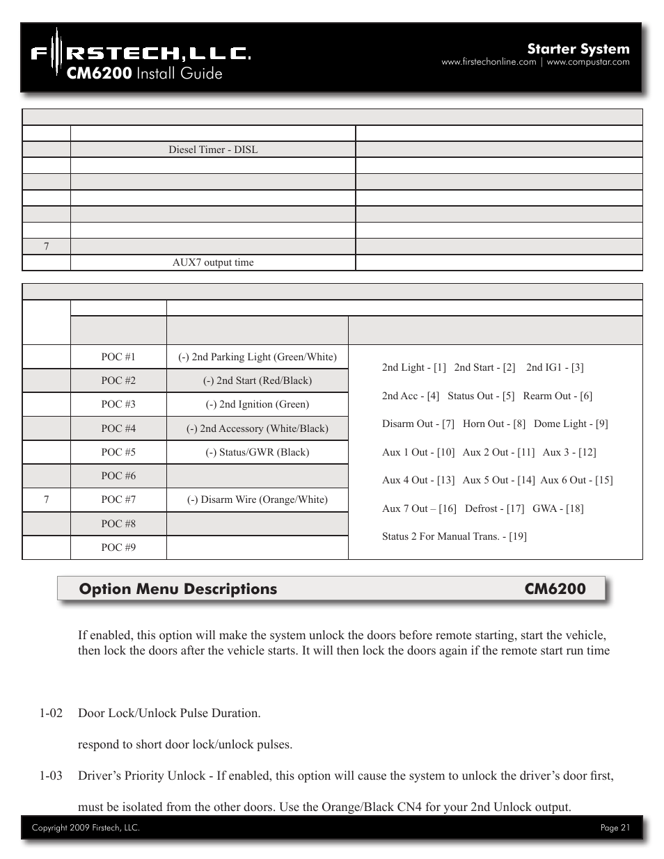 Cm6200 install guide, Option menu descriptions cm6200, Starter system | Firstech, LLC. CM6200 User Manual | Page 21 / 33