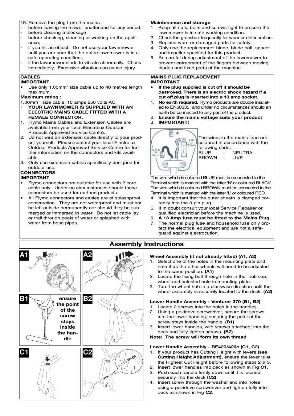 Assembly instructions, A1 a2 b1 b2, C1 c2 | Flymo Venturer 370 RE420c User Manual | Page 3 / 8